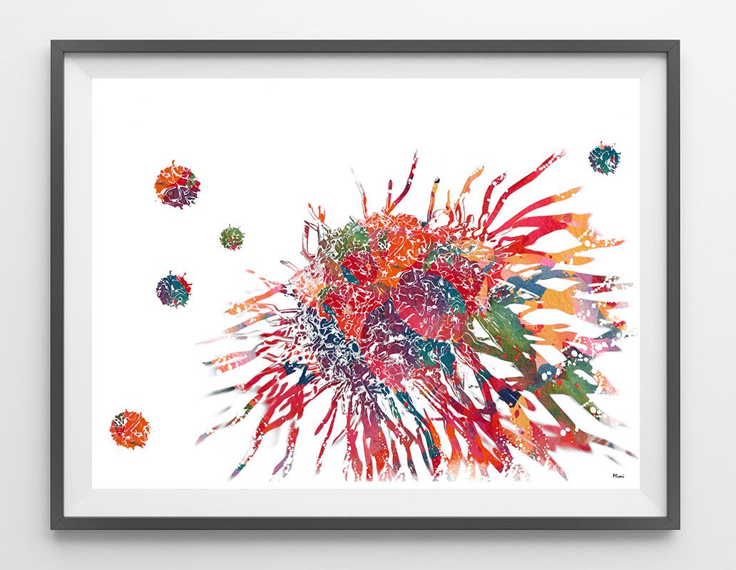 T-cell Watercolor print Science Art Poster Immune System Cells Art Print T-lymphocytes Biology illustration T-cells treatment Wall Art Gift