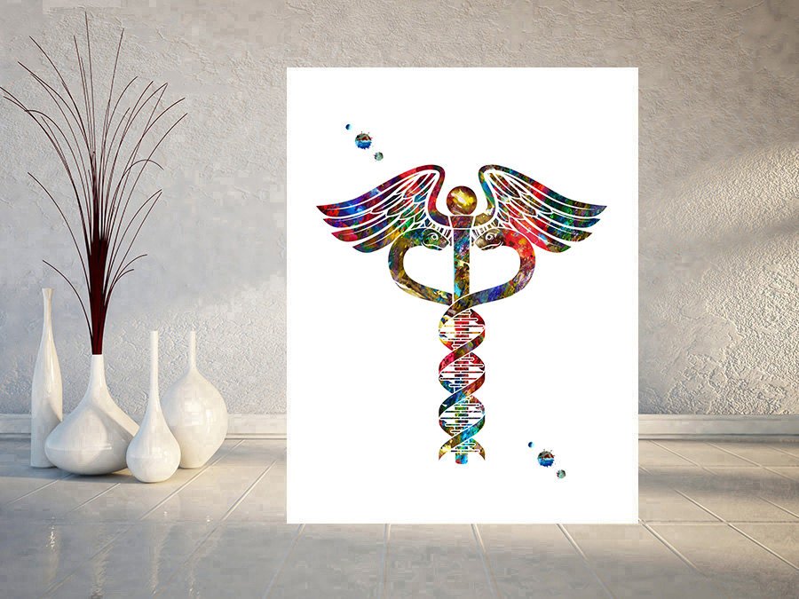 Dna Caduceus Art Print Science Art Symbol Medical Art Illustration Dna ...