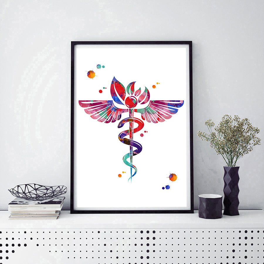 Homeopathic Doctor Caduceus Watercolor Print Homeopathy Medicine Symbol ...